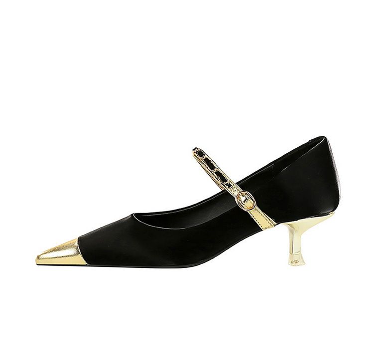 Fashion elegant light luxury party women's shoes medium heel shallow mouth pointed metal chain with a single shoe_voghion.com