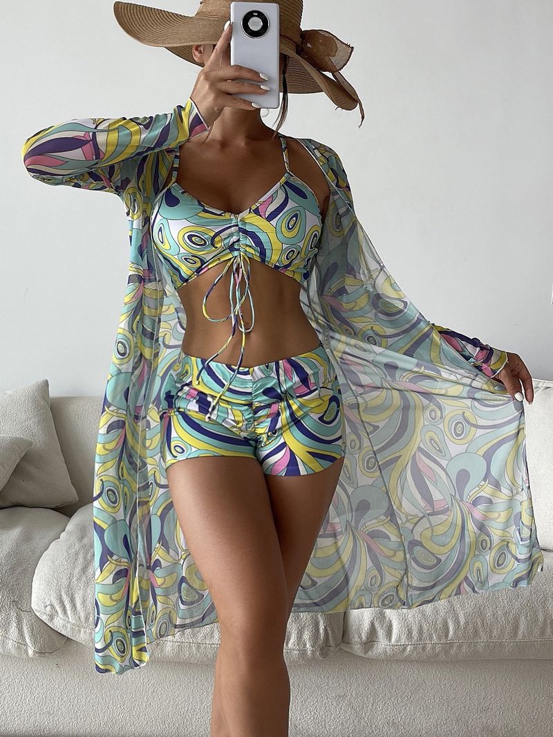 Women's Clothing New Bikini Three Piece Digital Printing Outerwear Flat Leg Pants Swimsuit Women_voghion.com