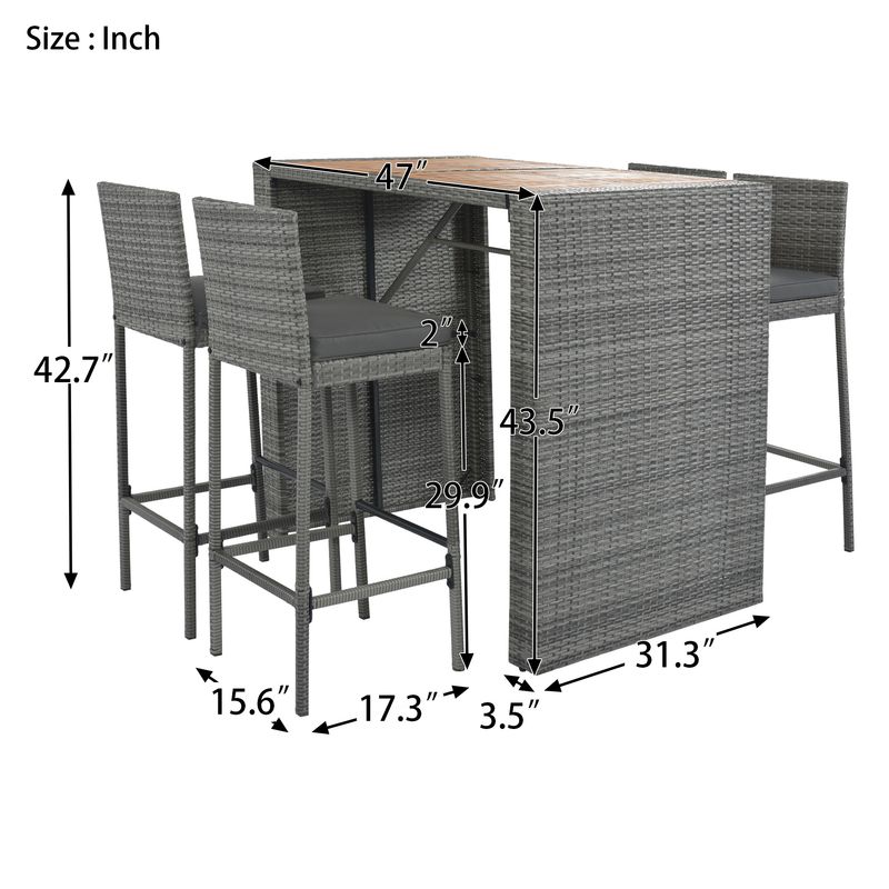 5-pieces Outdoor Patio Wicker Bar Set, Bar Height Chairs With Non-Slip Feet And Fixed Rope, Removable Cushion, Acacia Wood Table Top_voghion.com