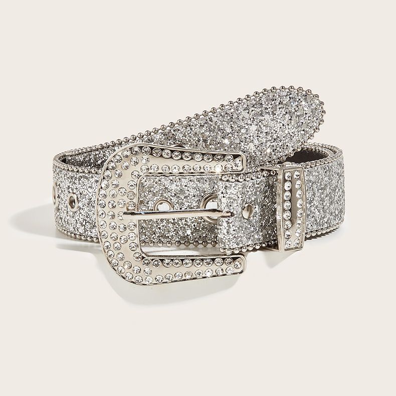 Cintura con strass dal design versatile, stile brillante, personalità alla moda, cintura in jeans con paillettes_voghion.com