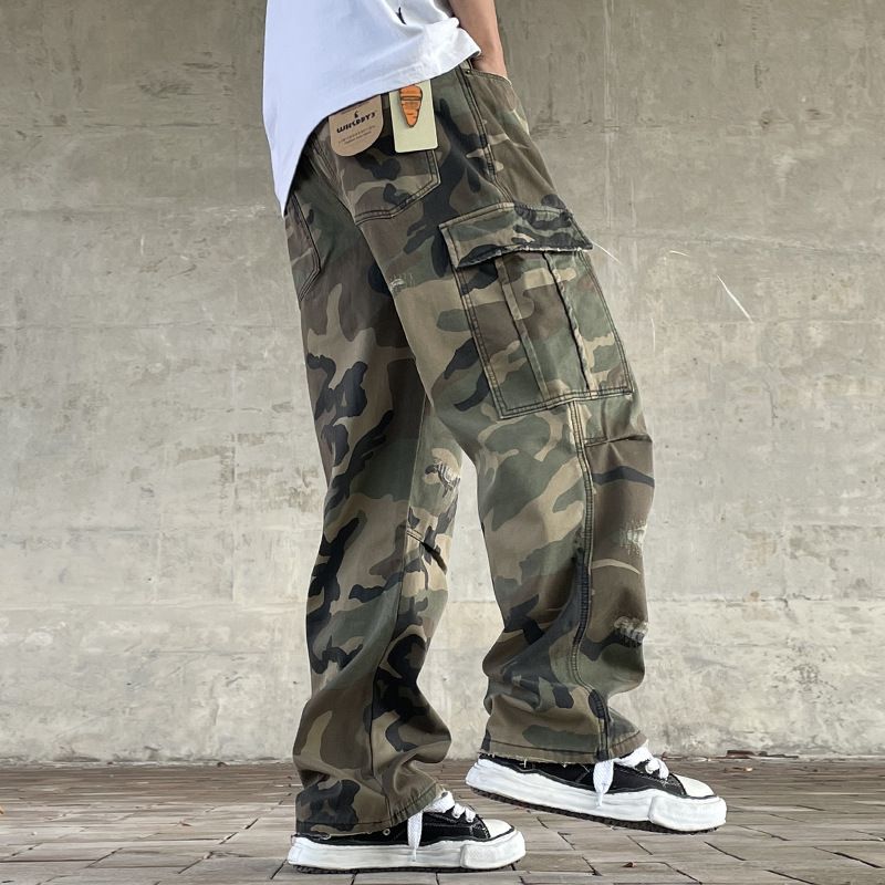 Vintage Streetwear Camo Cargo Pants For Men – Distressed Washed Denim With Handmade Patches & Ripped Details_voghion.com