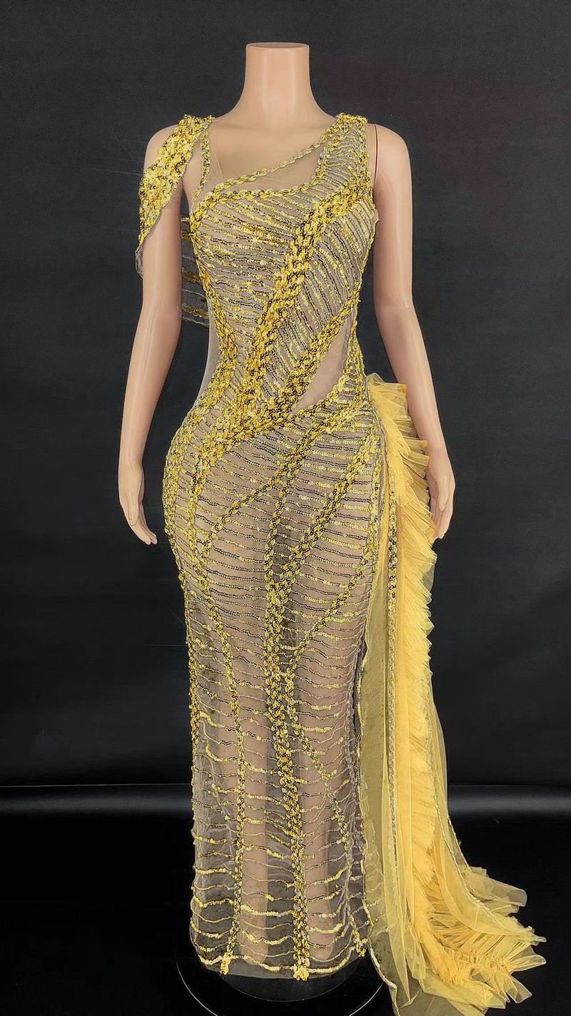 Glitter Sequin Mesh Fringe Bodycon Long Dress For Evening Party Performance Sleeveless Slit Gown Women's Clothing_voghion.com