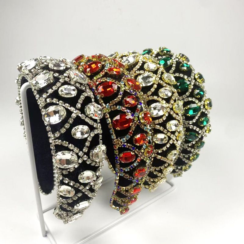 Barokowa opaska na głowę z kryształkami, geometryczny szeroki brzeg, pełnodiamentowy kolorowy kryształ, modny błyszczący dodatek do włosów na imprezę taneczną_voghion.com