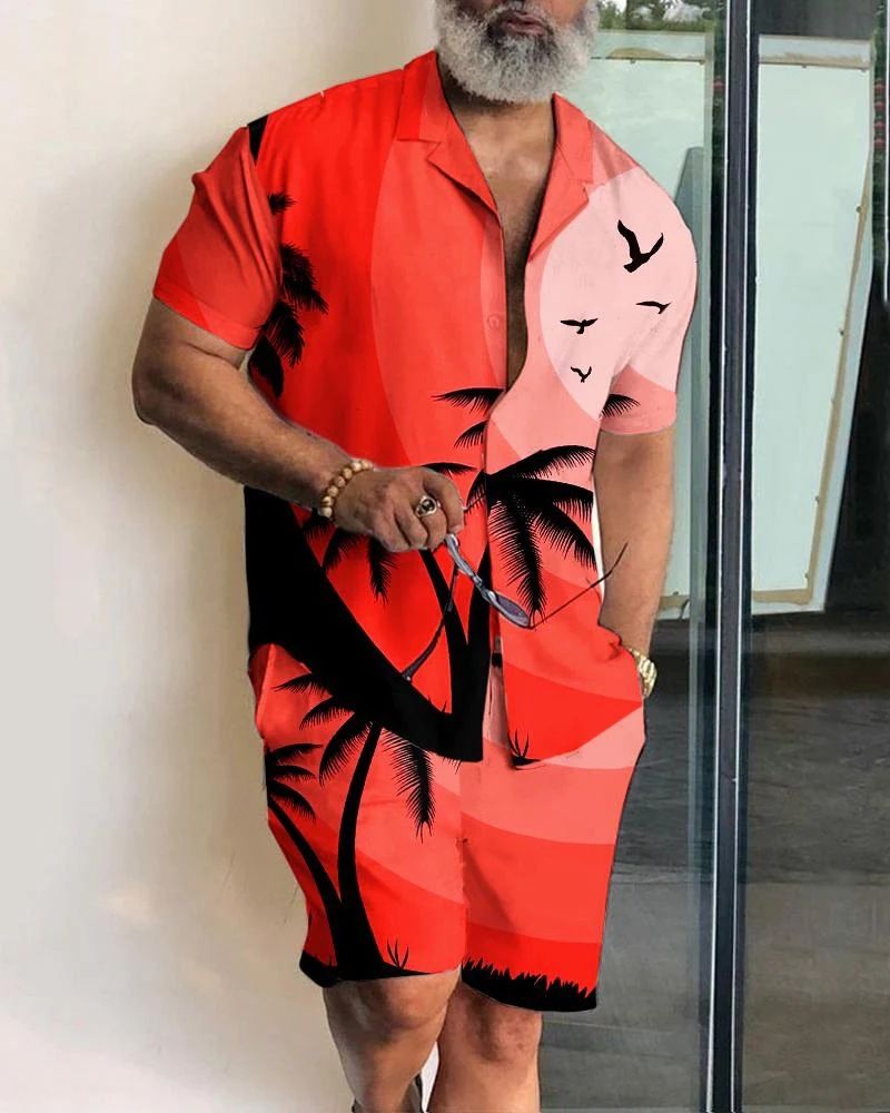2024 Neues Freizeit-Urlaubs-Kurzarm-Shirt-Set mit orangefarbenem Blatt-Print_voghion.com
