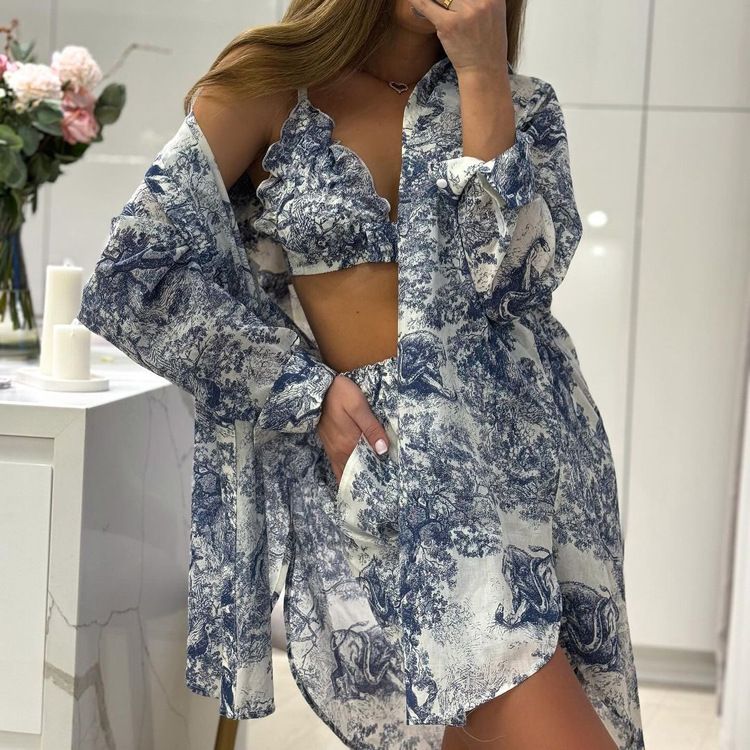 Abbigliamento da donna, nuovo stile retrò, camicia, bretelle, pantaloncini, abito, stampa a inchiostro, moda, tre pezzi_voghion.com