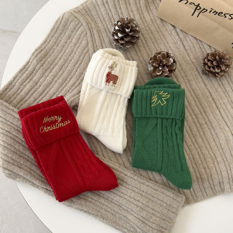 Autumn winter character mid-tube Red thickened New Year cotton socks cute embroidery cartoon Christmas gift_voghion.com