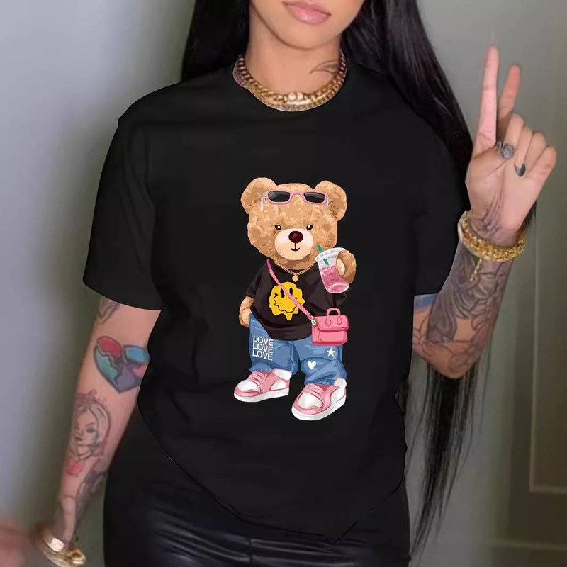 Women's Clothing summer printing fashion cool bear print T shirt short sleeve round neck casual top summer women's clothing_voghion.com