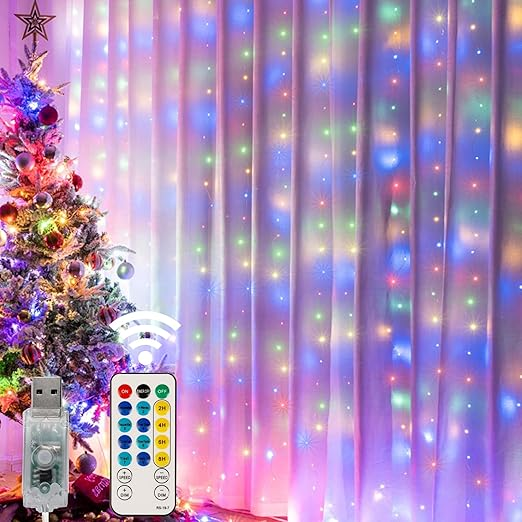 Cadena de luces para cortina de iluminación para el hogar, 300 LED, 8 modos de iluminación con control remoto, alimentación por USB para decoración del hogar, fiestas de Navidad y bodas_voghion.com
