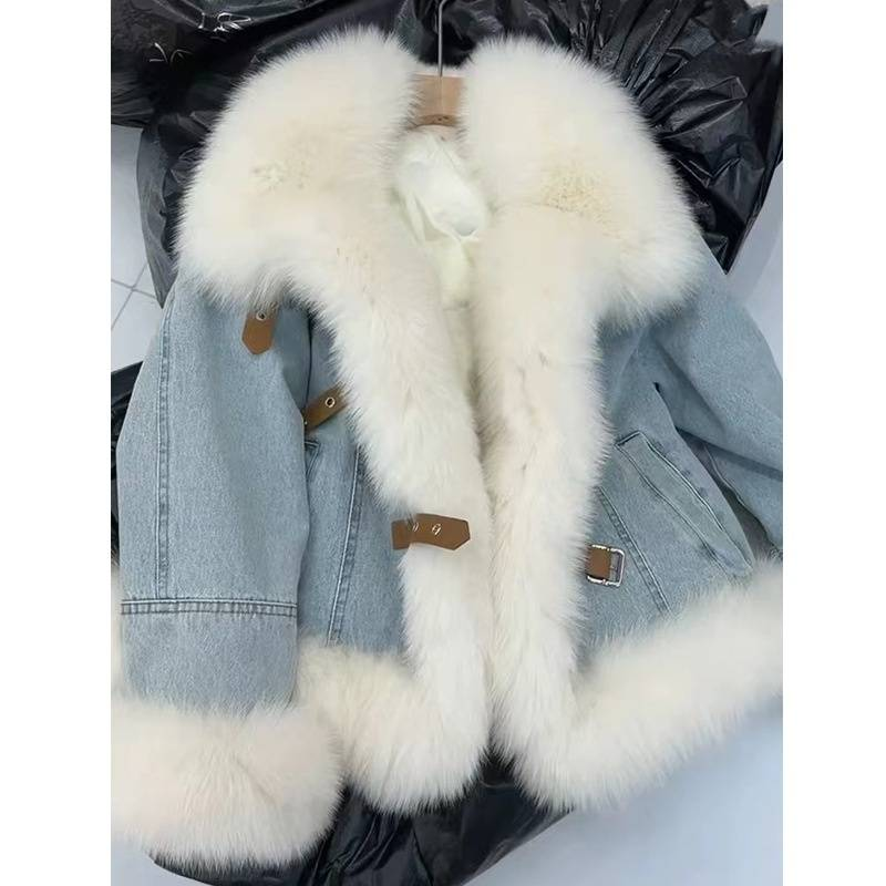 Kadın Giyim Tasarımı Kürk Yaka Mavi Kot Ceket Kadınlar İçin Kadife Kalınlaştırılmış Aşağı Pamuk Sıcak Kürk Peluş Ceket_voghion.com