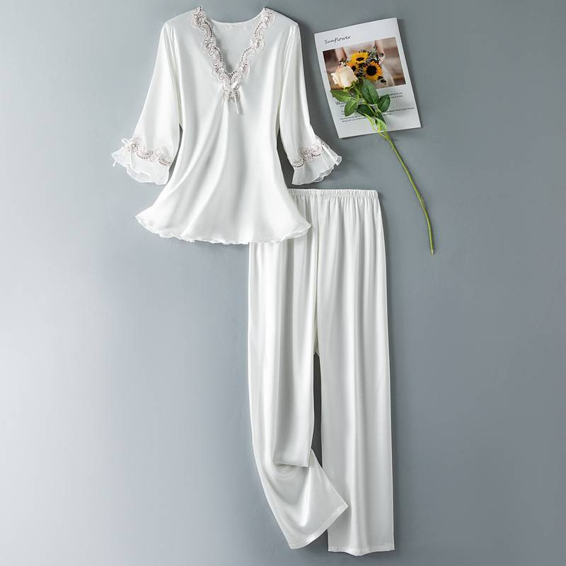 Pijamas femininos tamanho grande primavera e outono fino manga três quartos pijamas de seda bordado renda conjunto de duas peças roupas femininas para casa_voghion.com
