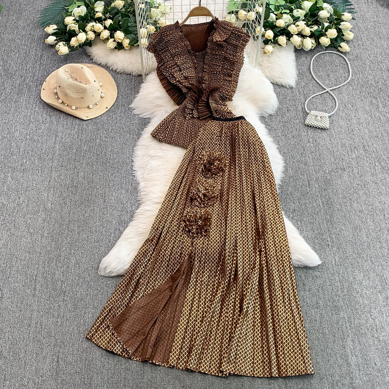 Ensemble élégant pour femme, haut sans manches à col en V et jupe fendue taille haute_voghion.com