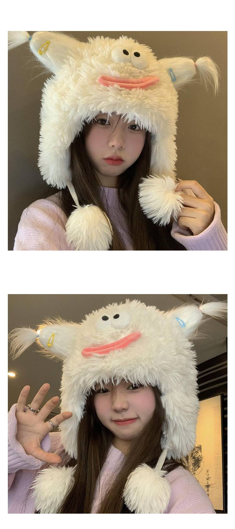 Lustige, hässliche, süße Plüschmütze für Damen, Herbst und Winter, großer Kopfumfang und dicker, warmer Ohrenschutz aus Samt_voghion.com