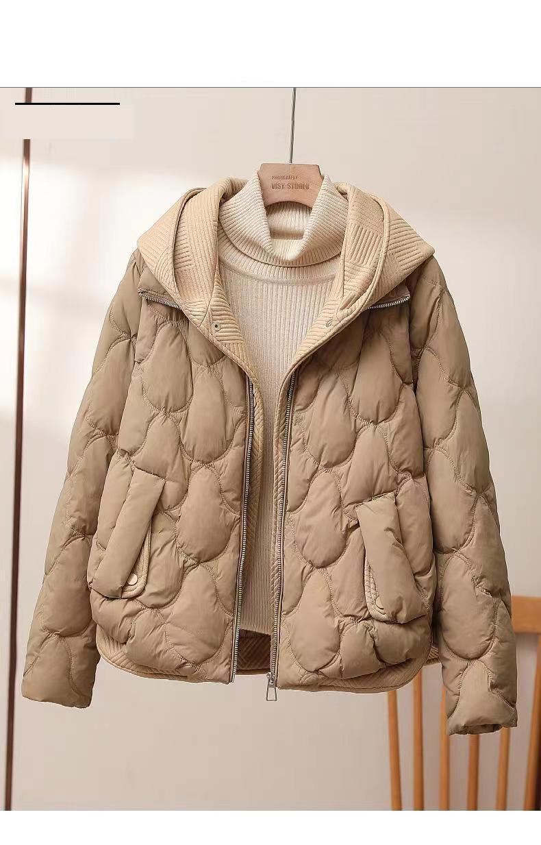 Vêtements pour femmes, doudoune d'hiver à capuche pour femmes, style court, manteau imitation deux pièces, coupe ample, tendance, épais, chaud, matelassé_voghion.com