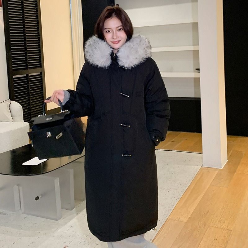 Übergroßer Puffermantel mit Kapuze und abnehmbarem Kunstpelzbesatz für Damen, lange Winterjacke in Schwarz/Grau/Creme_voghion.com