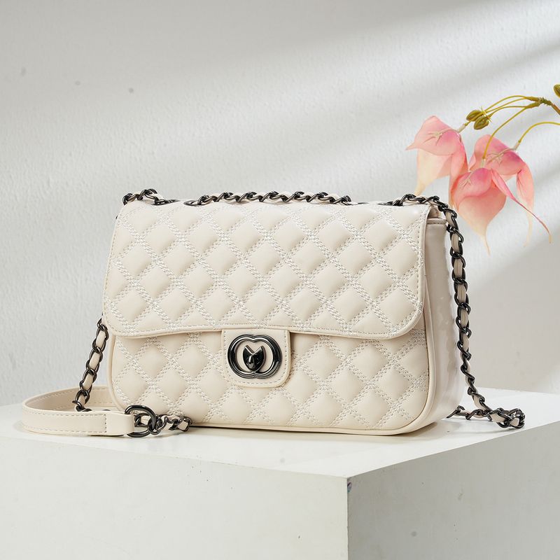 Borsa a tracolla piccola quadrata da donna, elegante, con tracolla a catena, design trapuntato, chiusura con lucchetto, borsa di medie dimensioni per l'uso quotidiano_voghion.com