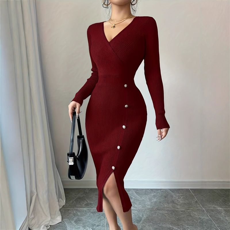 Abito in maglia aderente – Abito midi a coste slim fit con dettaglio in vita (scollo a V, manica lunga, nero/bordeaux/grigio, S/M/L)_voghion.com
