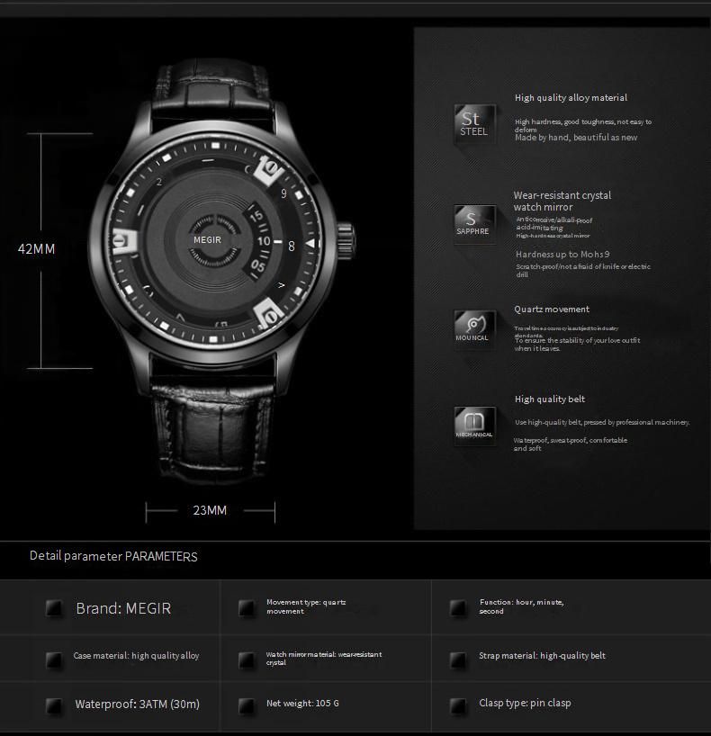 MEGIR Men's Casual Leather Watch With Digital Calendar, Waterproof, Minimalist Design, 42mm Stainless Steel Case_voghion.com