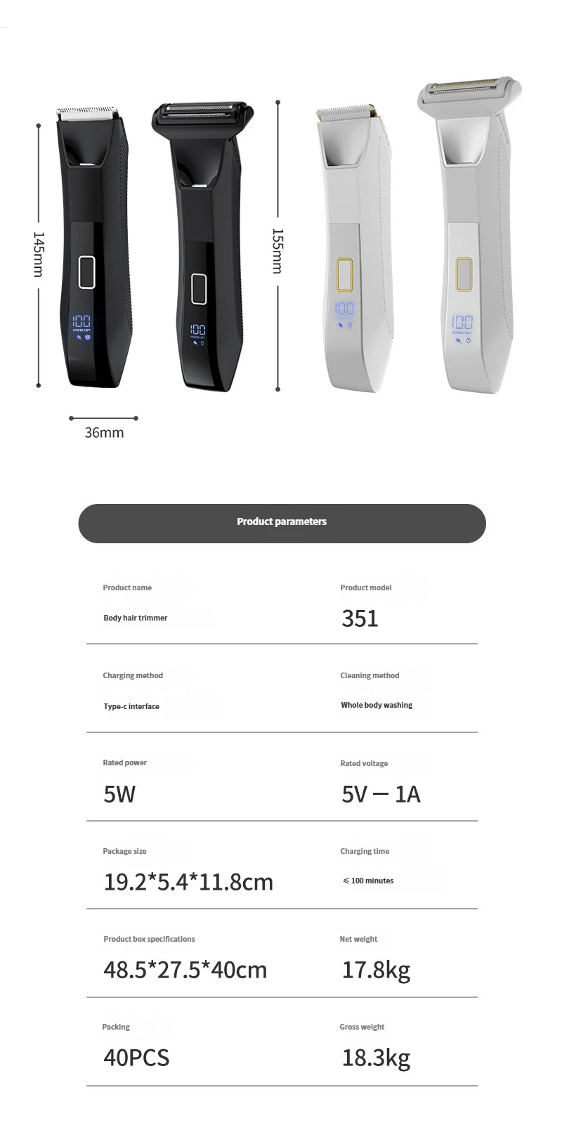 2-in-1 elektrische lichaamshaartrimmer, waterdichte knipbeurt voor het hele lichaam, scheermes, mannelijke en vrouwelijke intieme haarverzorging, schaamhaar- en beenhaartrimmer_voghion.com