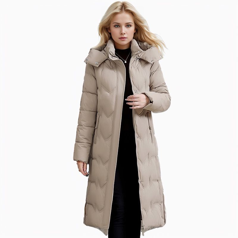 Extra Long Women's Puffer Coat - Oversized Winter Jacket With Hood, Knee-Length Warmth, Plus Size Friendly (Wine Red, Khaki, Dusty Pink, Black)_voghion.com