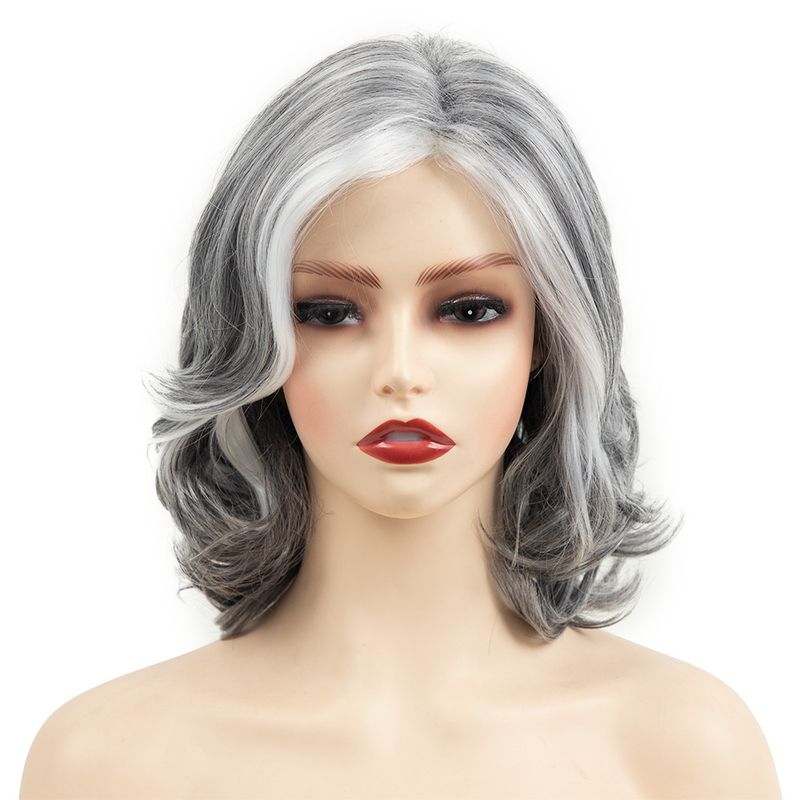 Peluca sintética con clip para mujer, color gris plateado, corta y rizada, con flequillo lateral, moderna y esponjosa, con red interior rosa._voghion.com