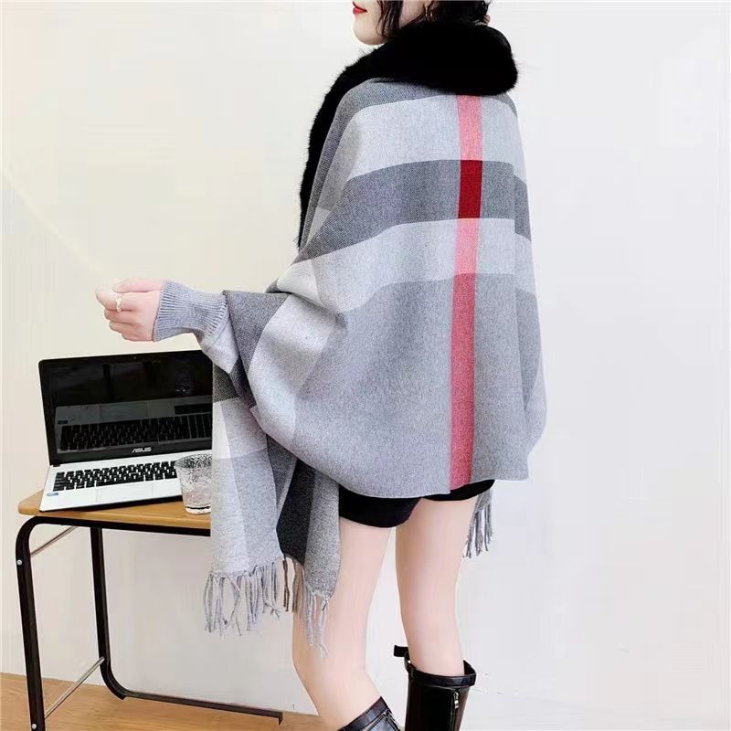 Damenbekleidung Übergroße karierte Strickjacke für Damen mit Schalkragen aus Kaninchenfellimitat – Eleganter, lässiger Wickel-Cape-Mantel in Kamel und Grau (Einheitsgröße)_voghion.com