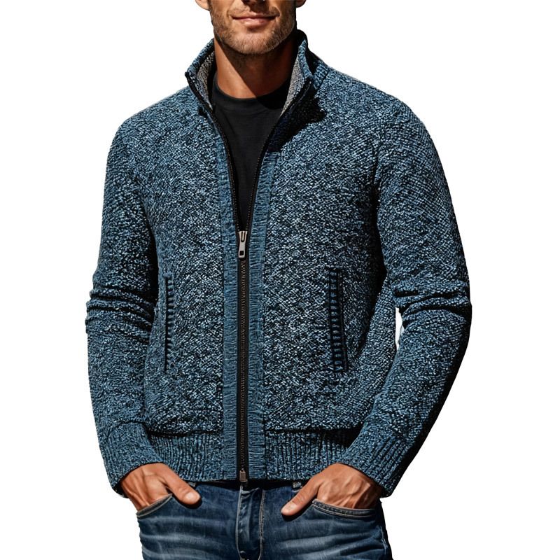 Autumn And Winter European Size Long Sleeved Stand Collar Zipper Cardigan Sweater Men's Plus Velvet Warm Sweater Men's Jacket_voghion.com