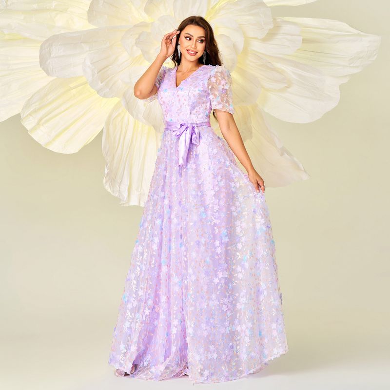 Neues High-End-Abendkleid mit kurzen Ärmeln, V-Ausschnitt und schmaler Passform, Taillenbetonung und Aufklebern für Bankette und große Präsentationen für Damen_voghion.com