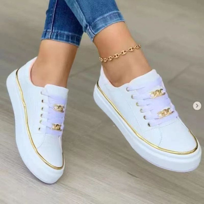 Large 23 Thick Sole Chain Sports Style Low Top For Women's Leather Front Lace Up Casual Single Shoe_voghion.com