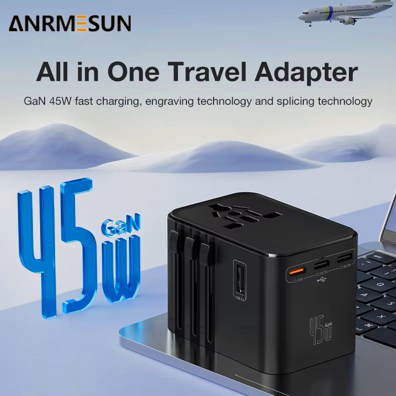 Universaladapter mit 3 Typ-C 2 USB 45W Schnelllade-All-in-One-Ladegerät EU/UK/USA/AUS Reisesteckdose_voghion.com