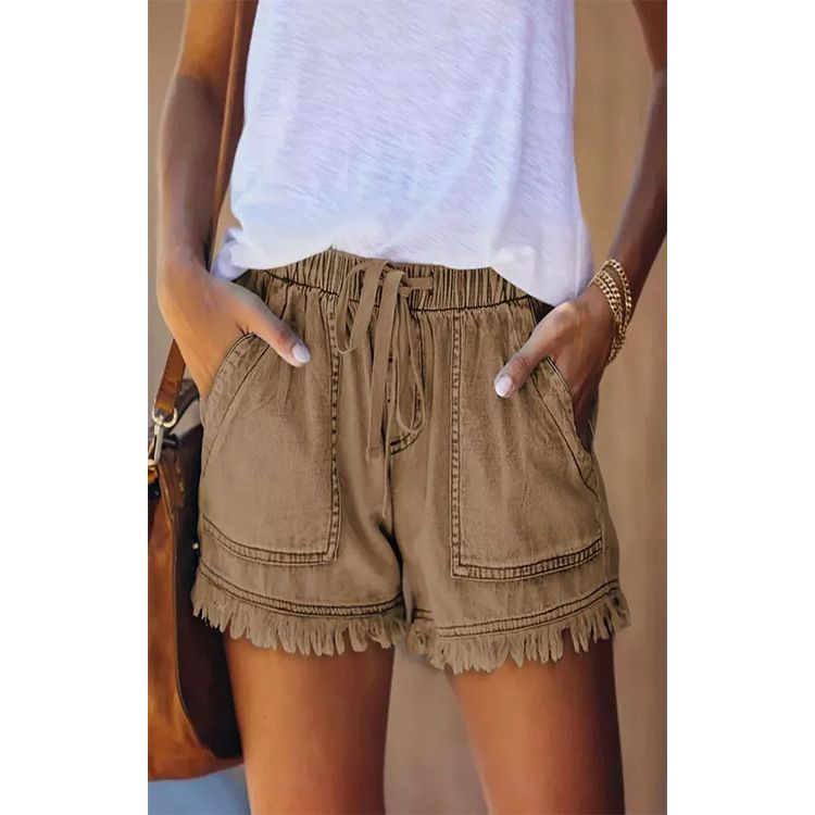 2025s 2025 Summer New Elastic Drawstring Casual High Waist Slimming Denim Shorts For Women_voghion.com