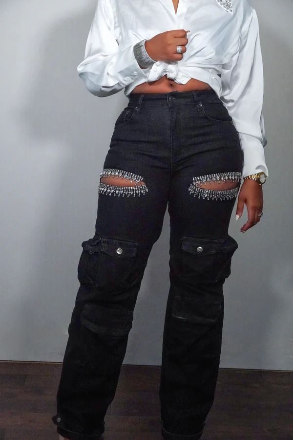 Damenbekleidung Hollow Diamond Overalls Stretch-Jeans mit mehreren Taschen für Damen_voghion.com