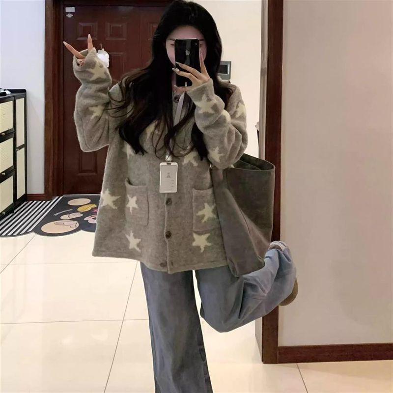 girl Gray Sweater Early Spring And Autumn New Style Elegant Turn-Down Collar Color-Block Design Knitted Cardigan Women's Coat_voghion.com