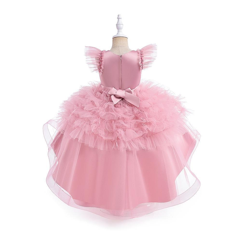 Nuovo vestito da principessa per ragazze di piccole e medie dimensioni per bambini con piccole maniche volanti in rete con gonna tutu a coda di rondine, abito da festa di compleanno_voghion.com