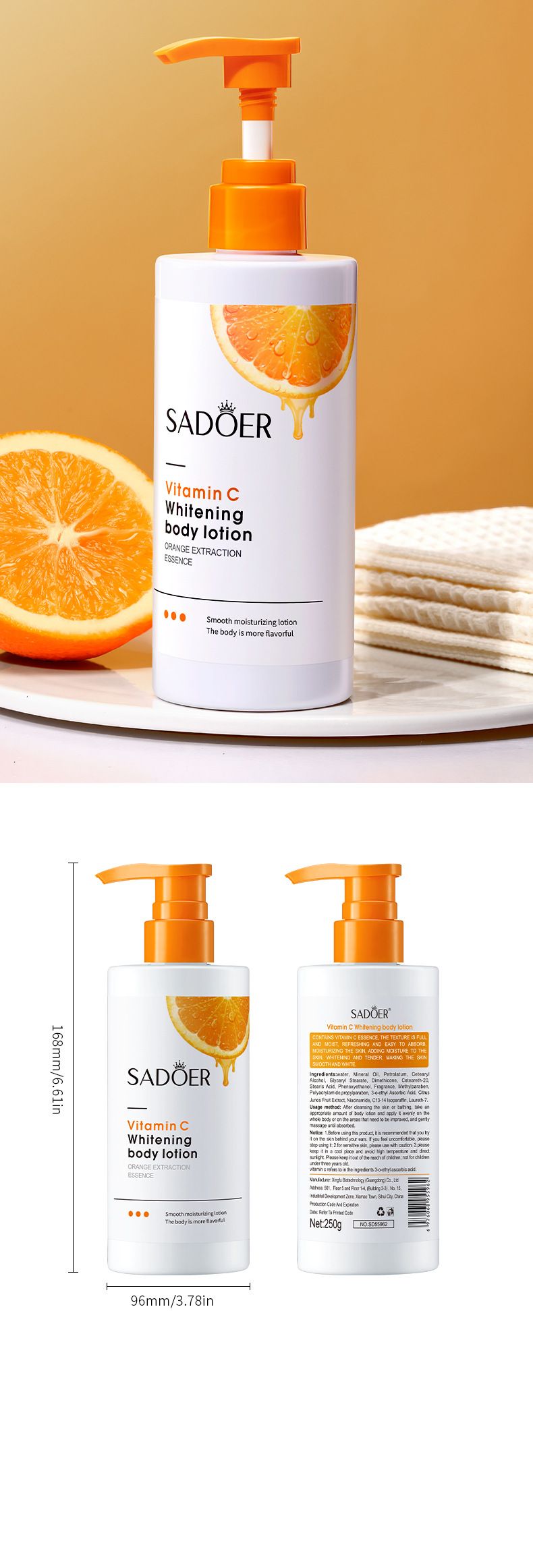 Lozione per il corpo SADOER Vitamina C Lozione per il corpo sbiancante 250 g per uomini e donne in autunno e inverno_voghion.com