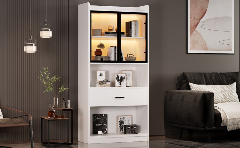 Armoire à curiosités lumineuse, étagères de rangement avec portes vitrées escamotables, grand tiroir et éclairage LED 16 couleurs, vitrine pour objets de collection, bibliothèque de salon, blanche avec cadre noir._voghion.com