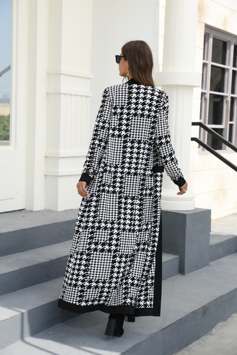 Women's houndstooth long-sleeved knitted cardigan jacket two-piece set_voghion.com