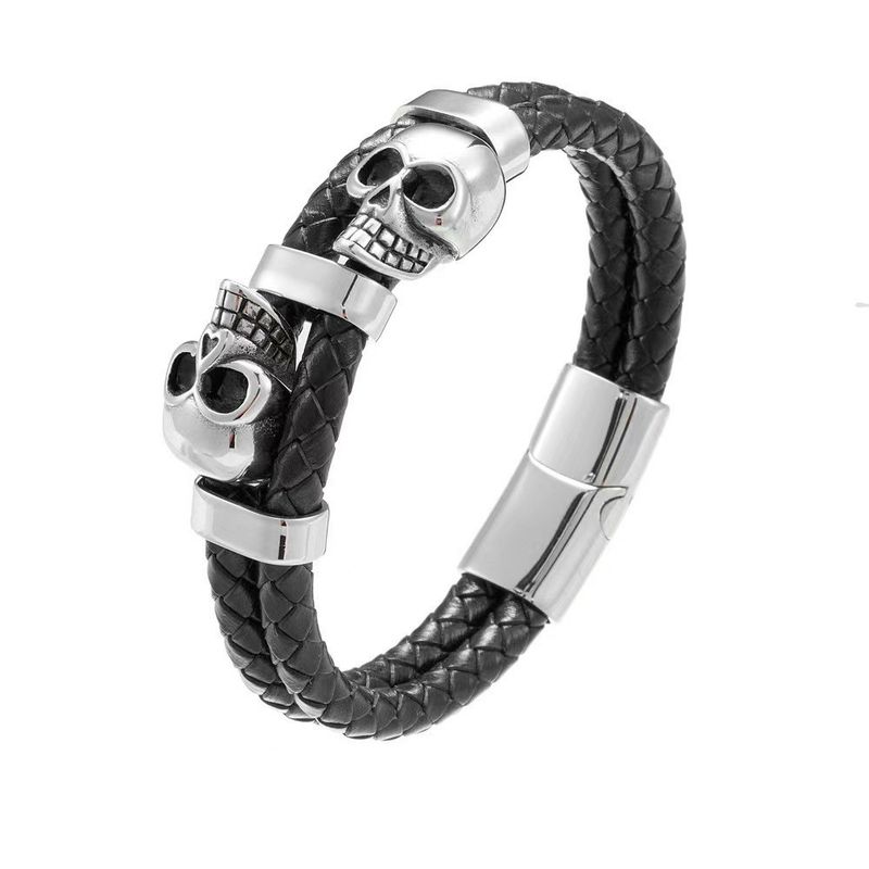 Bracciale da uomo in pelle intrecciata, stile punk scuro, fatto a mano, con teschio_voghion.com