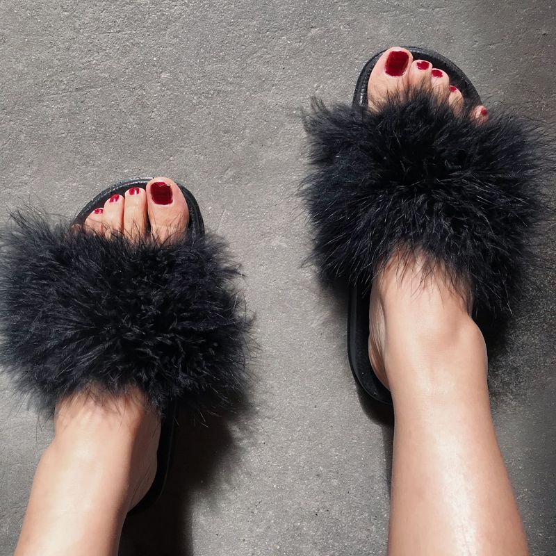 Damenschuhe Hausschuhe aus Truthahnfell Einreihige Pelzsandalen Beliebte Schuhe in Übergröße_voghion.com