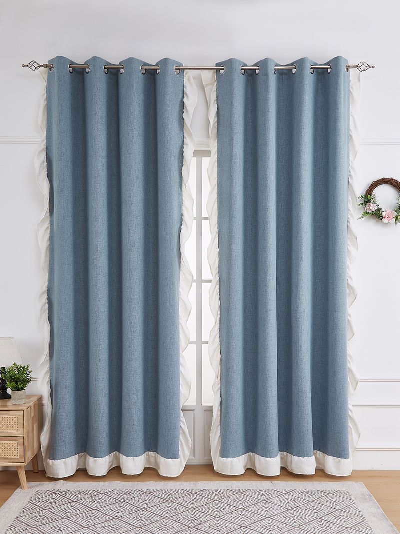 Haze Blue Lotus Leaf Edge Living Room Perforated Door Curtain Partition Curtain Kitchen Block New Curtain Rod Complete Set Of Blackout Bedroom_voghion.com