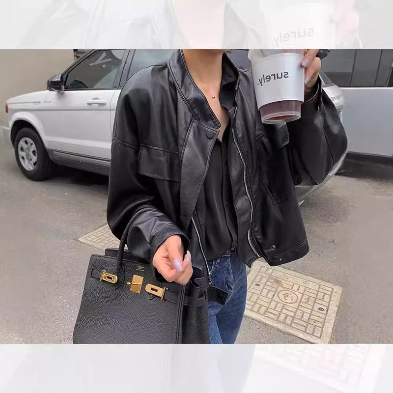 Veste courte en cuir pour femme, style coréen printemps-automne, veste ample décontractée tendance en PU, manteau de moto_voghion.com