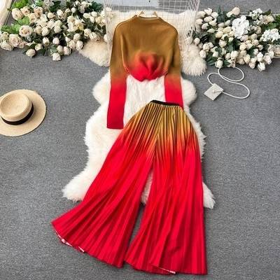 Vêtements pour femmes Royal sister léger luxe haut de gamme à manches longues plissé imprimé hauts femmes décontracté deux pièces ensemble ample drapé plissé pantalon large_voghion.com