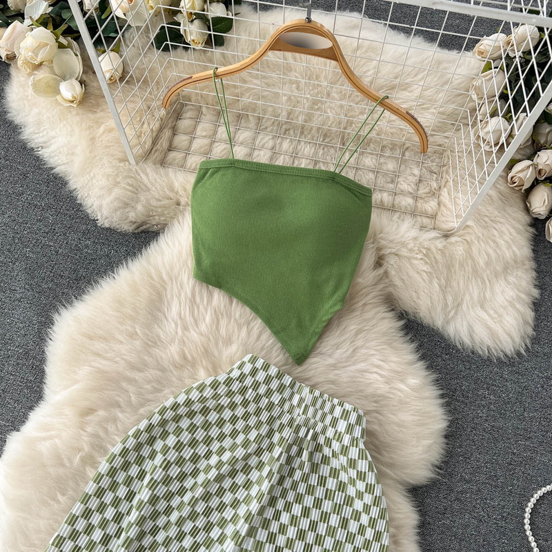Women’s Clothing Hottie Set Female Temperament Tube Top Suspenders Short Knitted Top Printed High Waist Wide Leg Trousers Two Piece Set_voghion.com