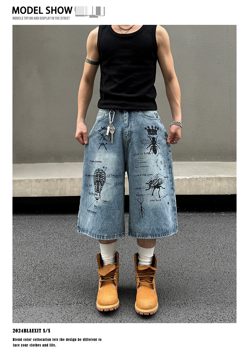 Pantaloni corti casual larghi e dritti con effetto graffiti di insetti, da uomo_voghion.com