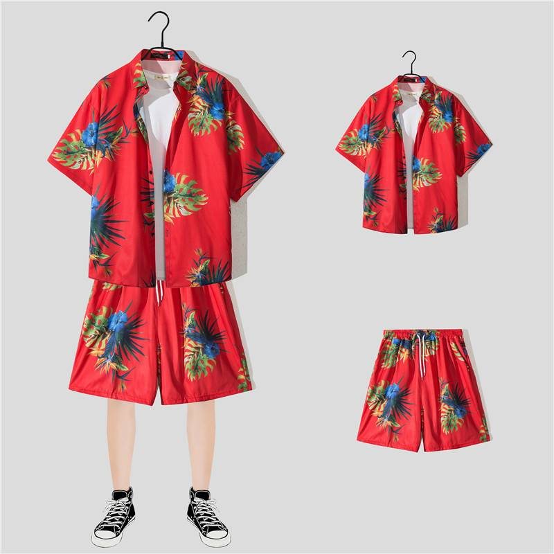 Ensemble de plage décontracté pour homme en été, tenue de plage fine, ample et tendance, short hawaïen et chemise fleurie, deux pièces_voghion.com
