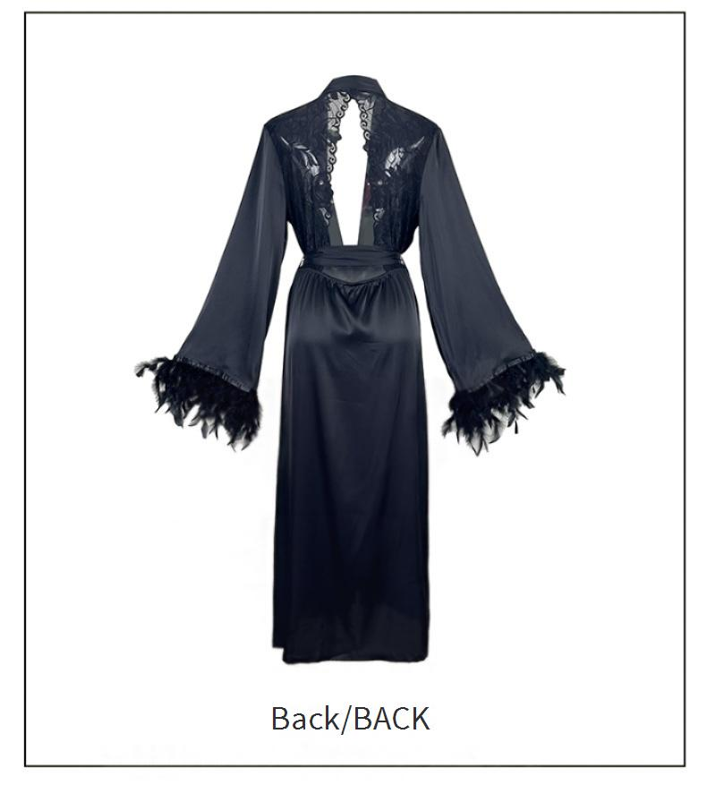 Damen Nachtwäsche Langes Nachthemd Spitze Satin Spleißen Pelzmanschetten Sexy Backless Home Kleidung Pyjamas Weiblich_voghion.com