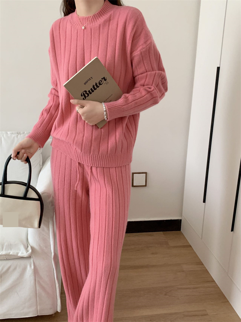 Plus Size Knit Sweater & Wide Leg Pants Set - Soft Ribbed Pullover & Flowy Lounge Trousers, Oversized Comfort Outfit For Women_voghion.com