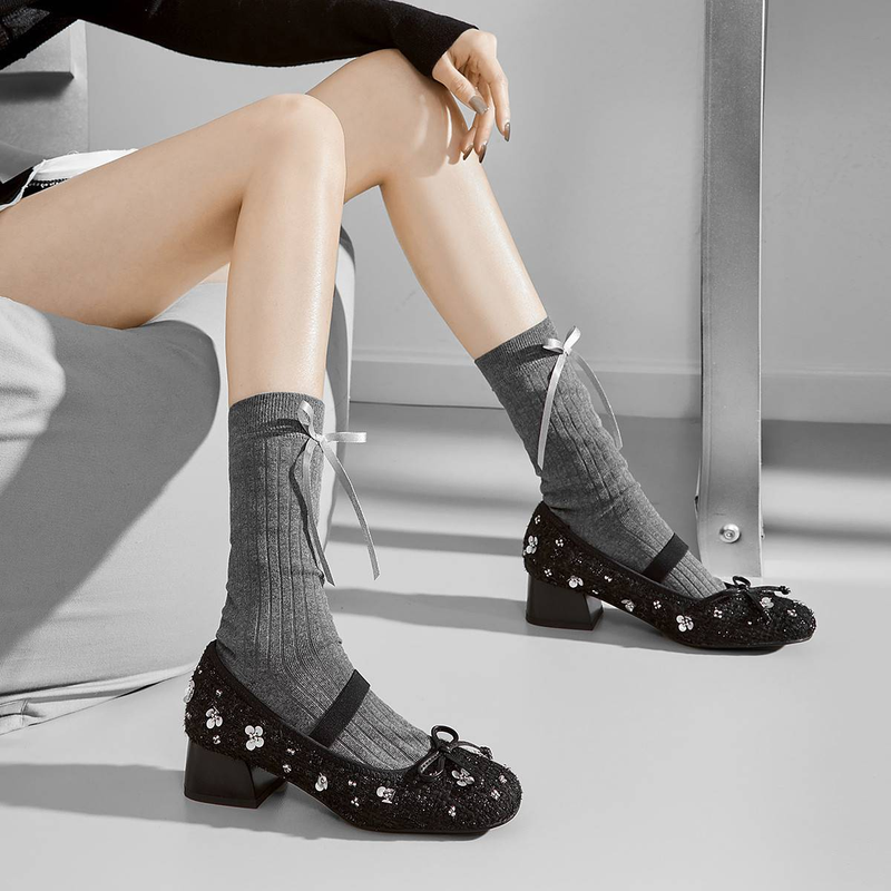 Cameido Women's Casual Shoes Black Velvet Fabric With Elastic 4Cm Round Toe Rubber Sole_voghion.com