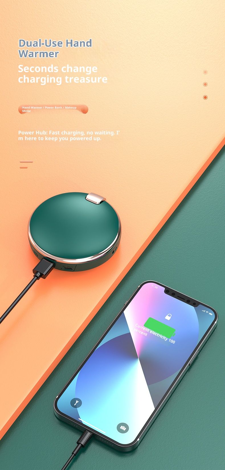 Set regalo 3 in 1 in stile vintage: specchio per il trucco a LED, power bank da 6000 mAh e scaldamani regolabile con ricarica USB - illuminazione bifacciale_voghion.com