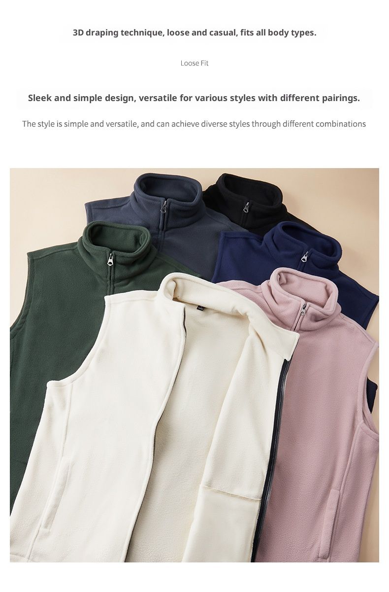 Gilet unisex in pile con collo alto - Giacca imbottita senza maniche con cerniera, pesante 320 g, strato termico in poliestere per autunno e inverno_voghion.com