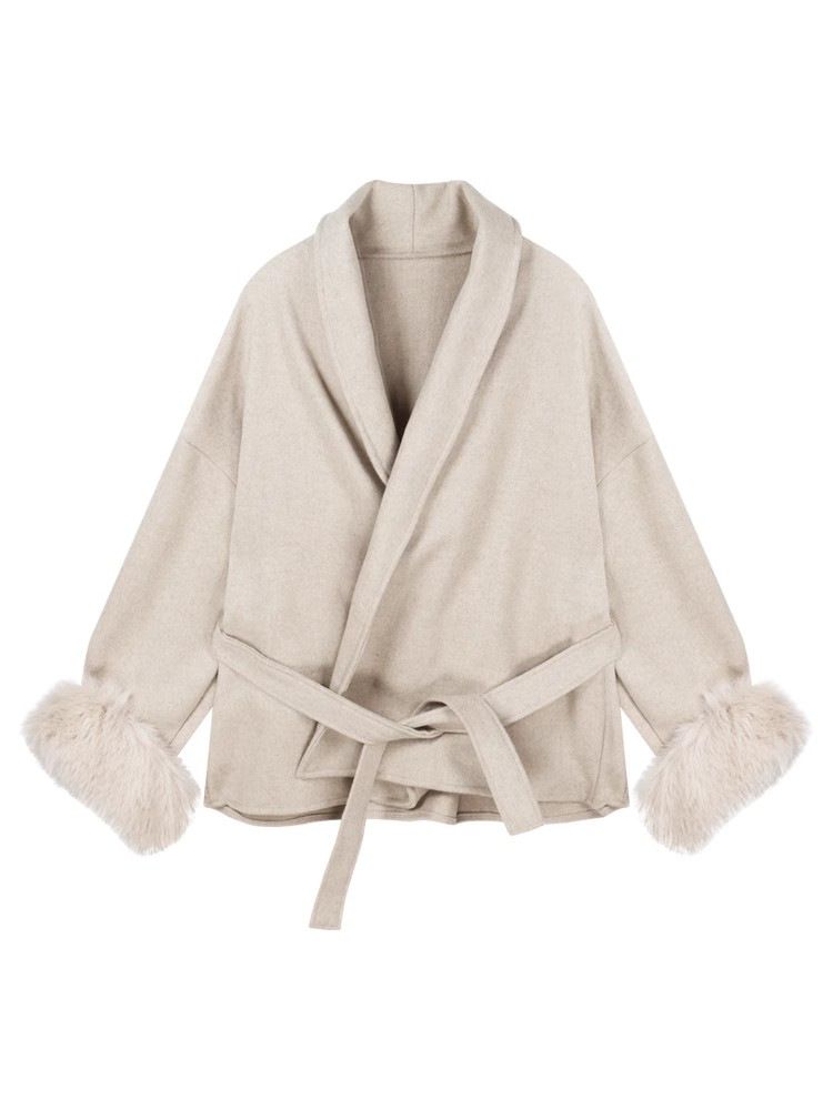 French-Inspired Belted Wool Coat With Faux Fur Cuffs – Elegant Trench Coat For Women (S-XXL, Grey/Beige)_voghion.com